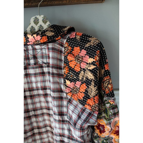 Free People Black & White Plaid Button-Down with Floral Patchwork - Picture 5 of 5